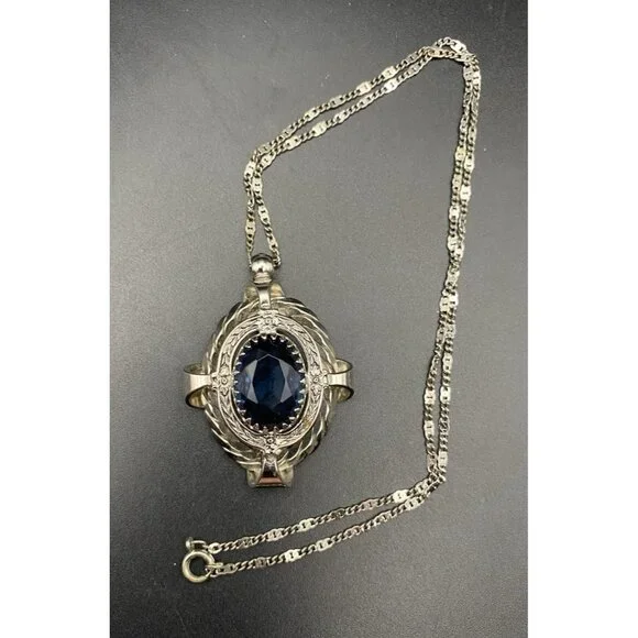 Vintage Blue Glass Pendant Necklace Faceted Silver Tone Dog Tooth Ornate Setting - Picture 2 of 9